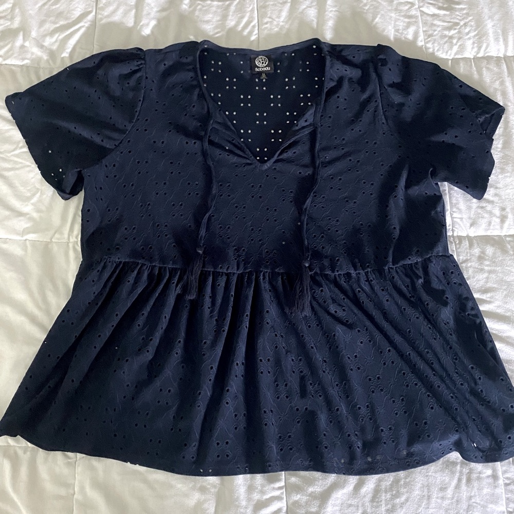 Navy Eyelet Peplum Blouse